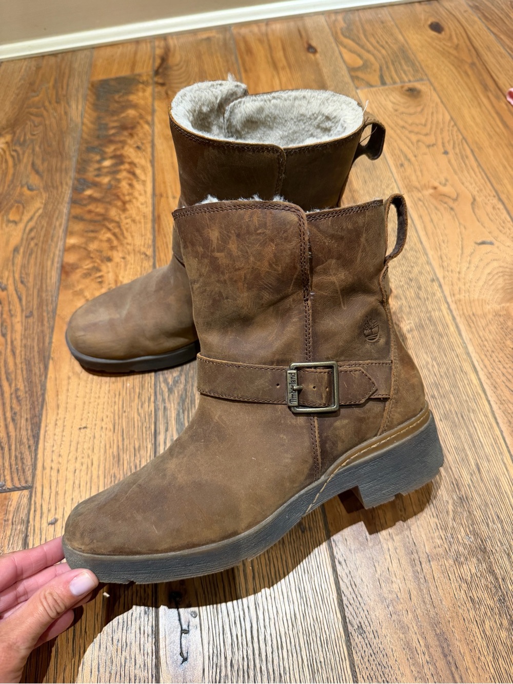 Timberland Brown Leather Shearling-Trim Buckle Ankle Boots